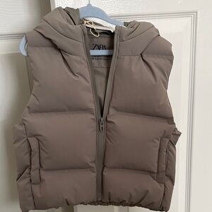 ZARA Taupe Hooded Puffer Vest